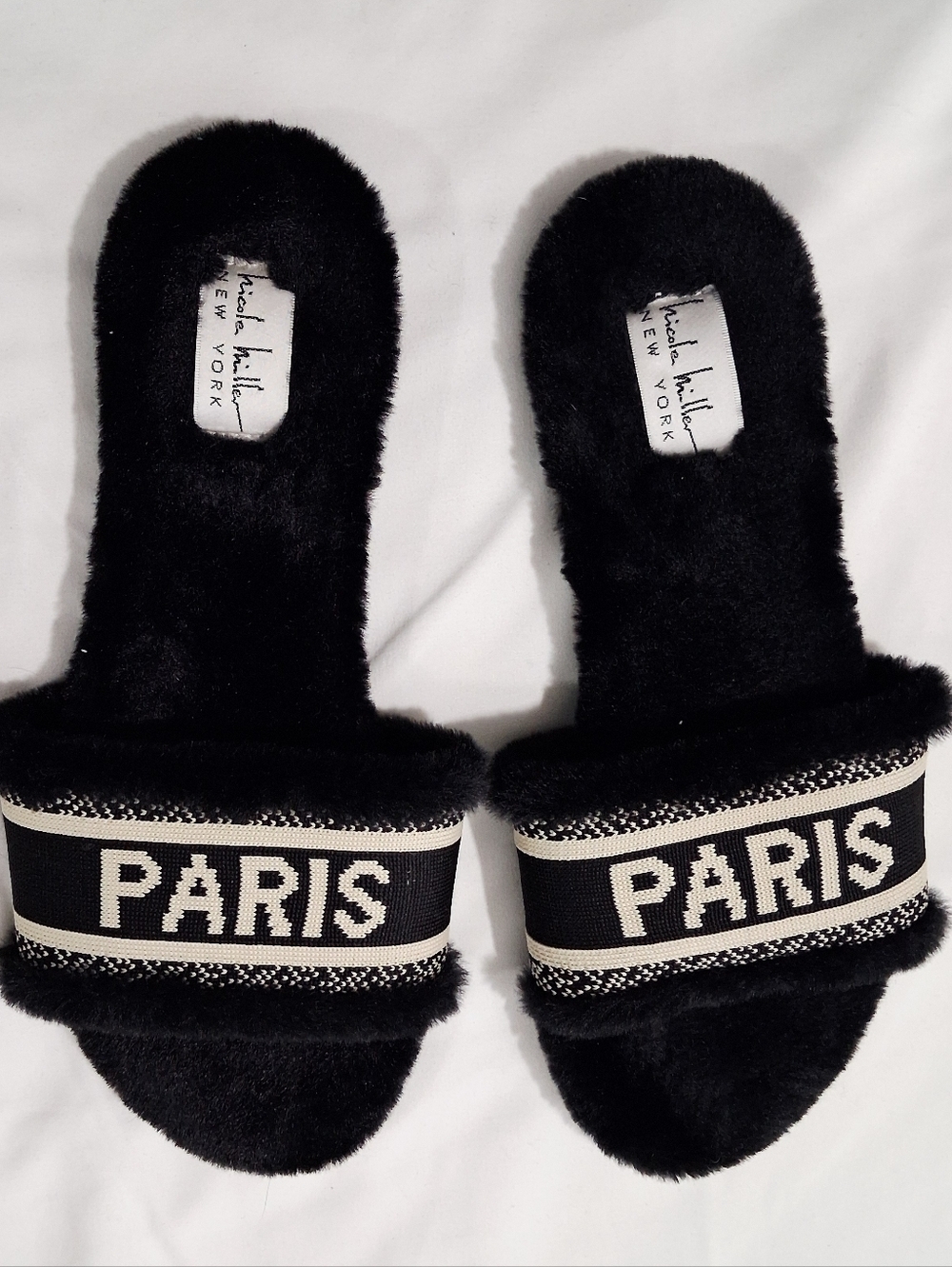Nicole Miller Black and Cream 'PARIS' Fuzzy Slide Sandals